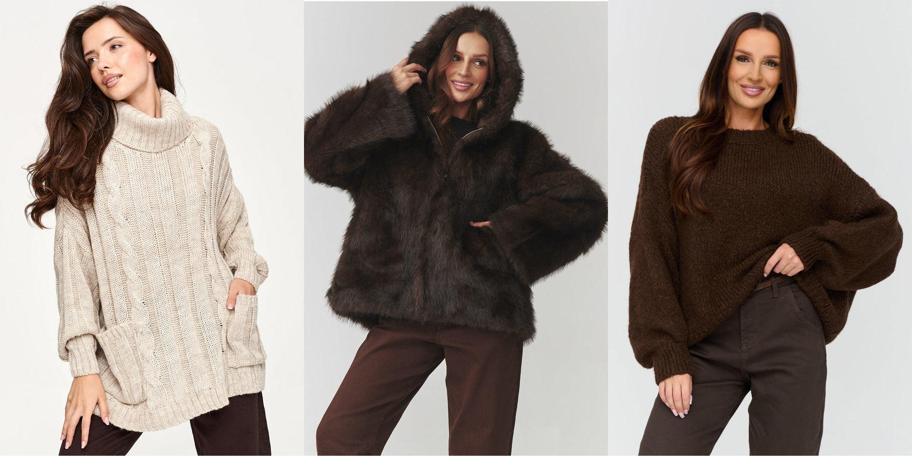Faux-fur hooded jacket and knitwear in warm browns