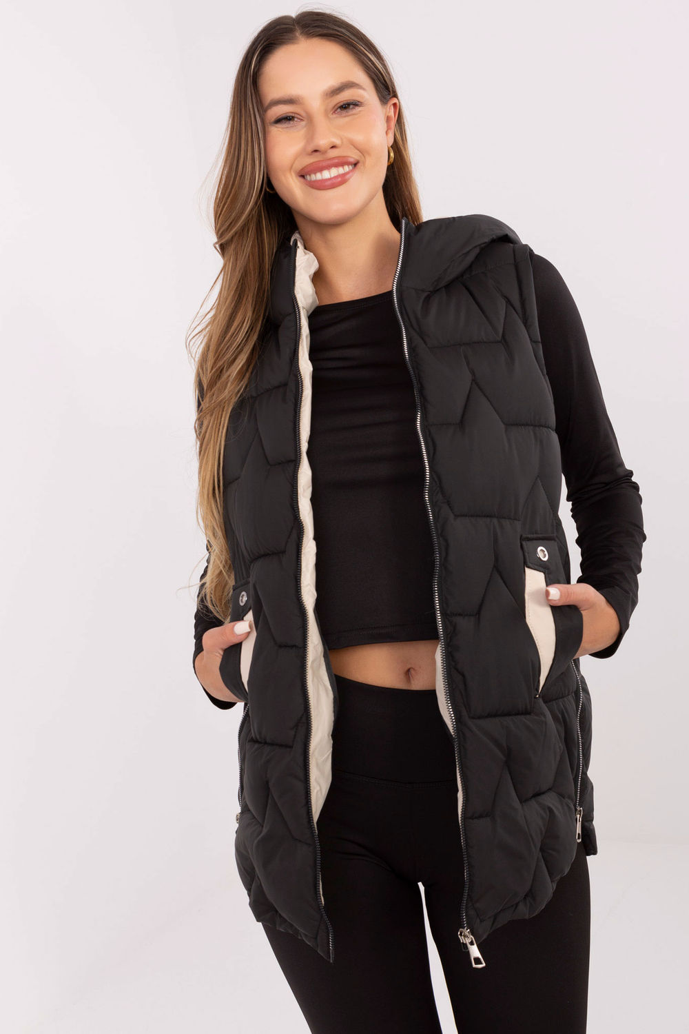 Black hooded quilted coat