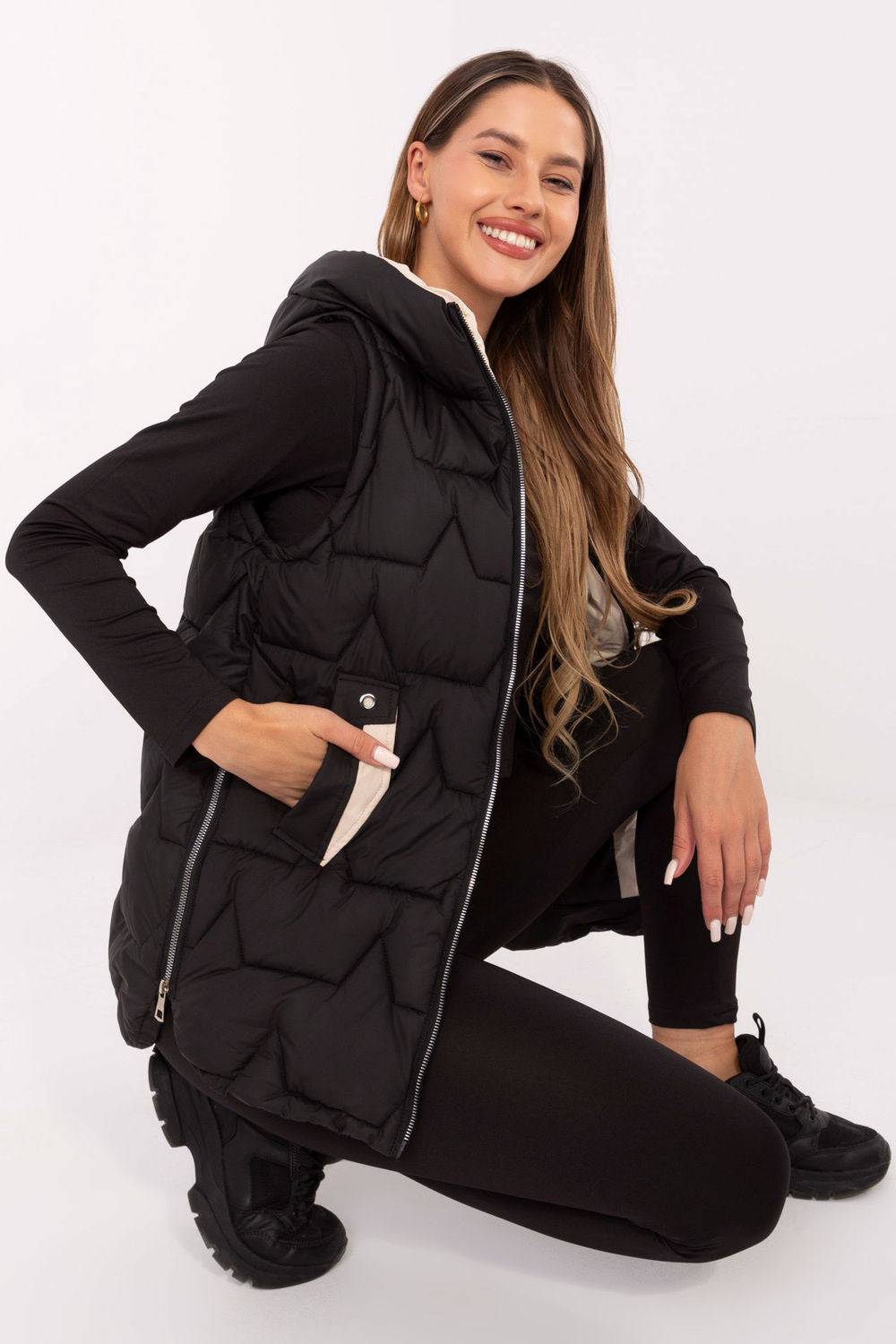 Black hooded quilted coat