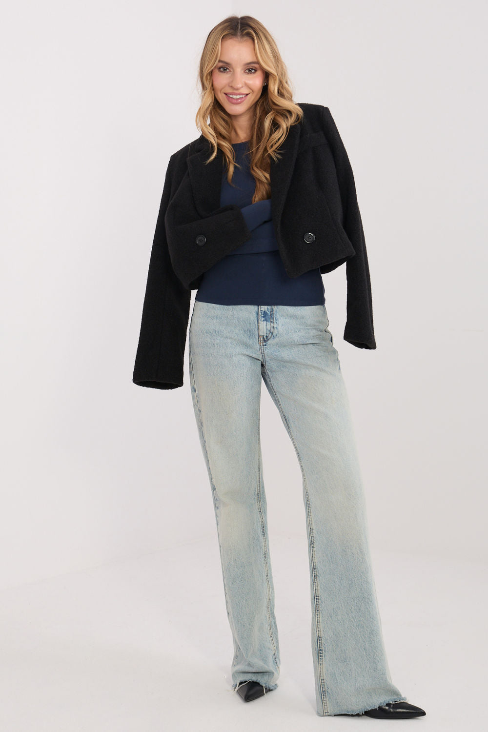 Navy blue long-sleeve fitted blouse
