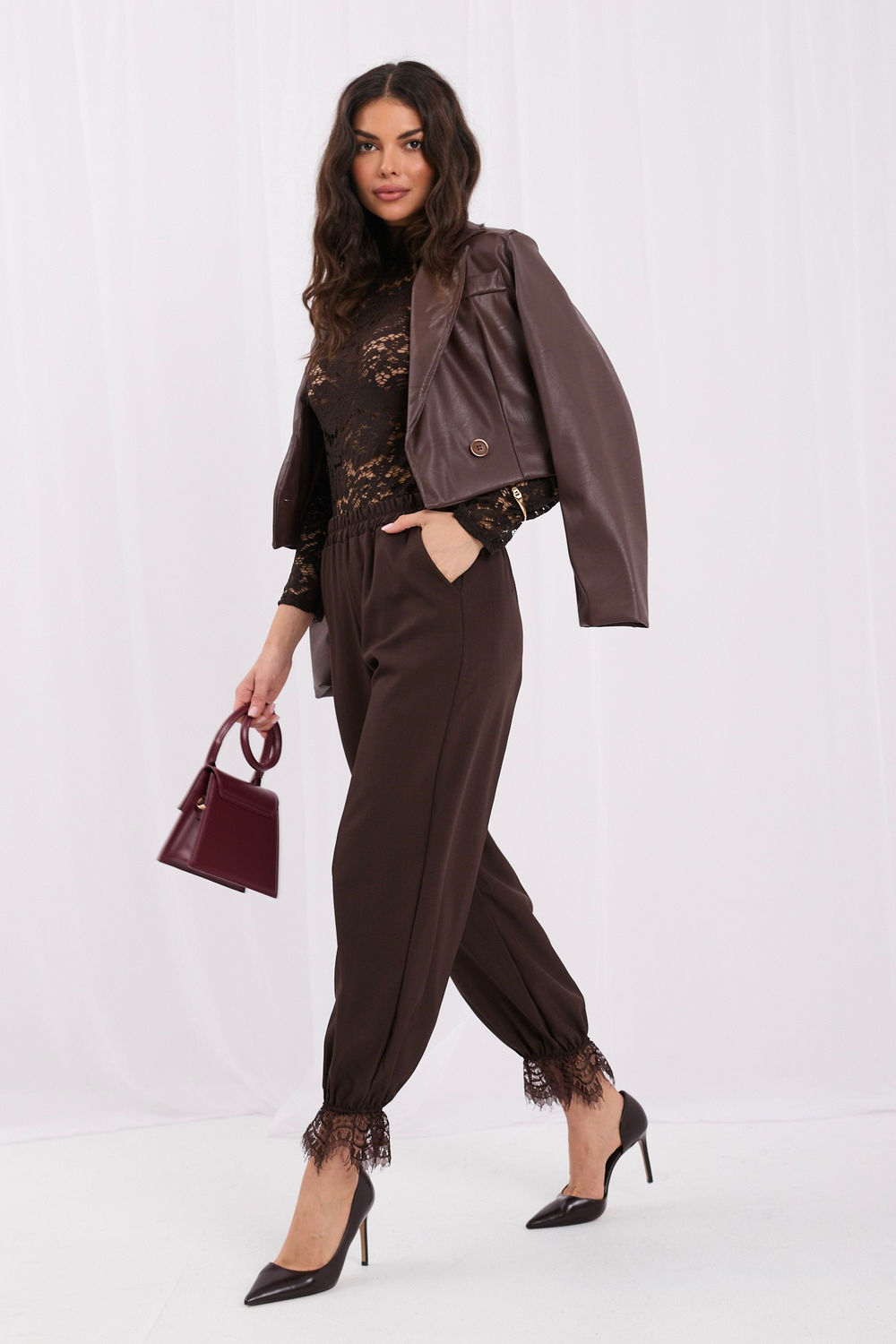 Brown high-waisted lace trousers