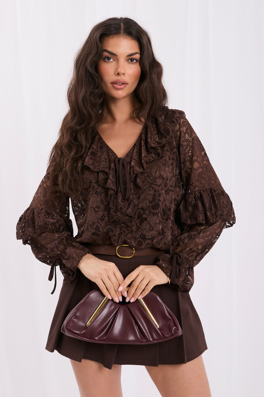 Brown V-neck lace blouse