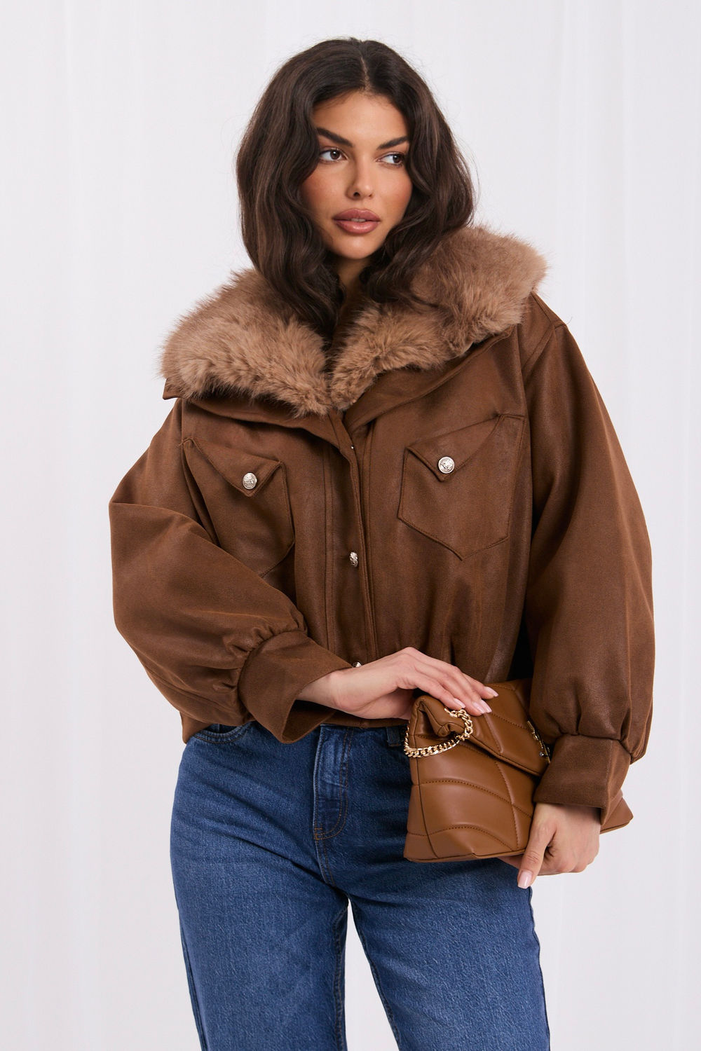 Brown buttoned pocket suede coat