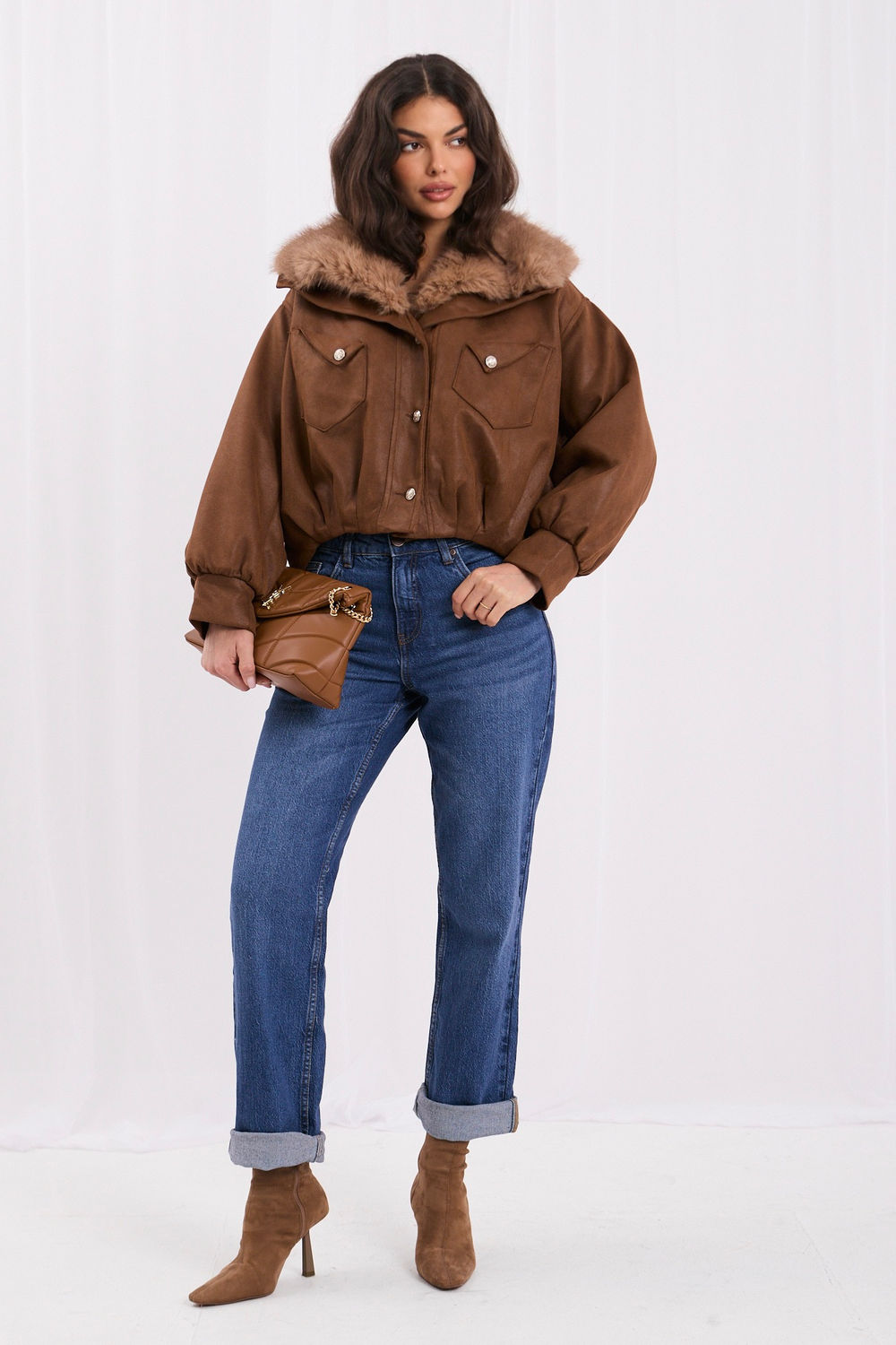 Brown buttoned pocket suede coat