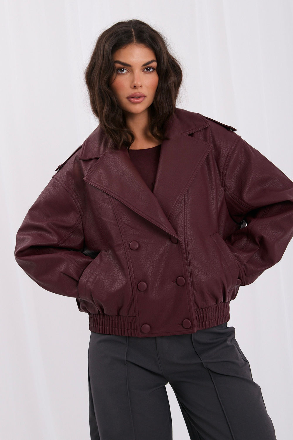 Red faux leather coat