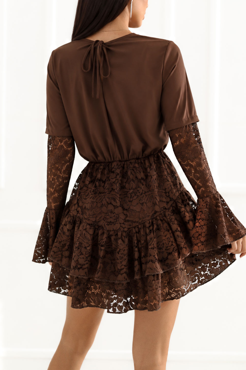 Black flared long-sleeve lace playsuit