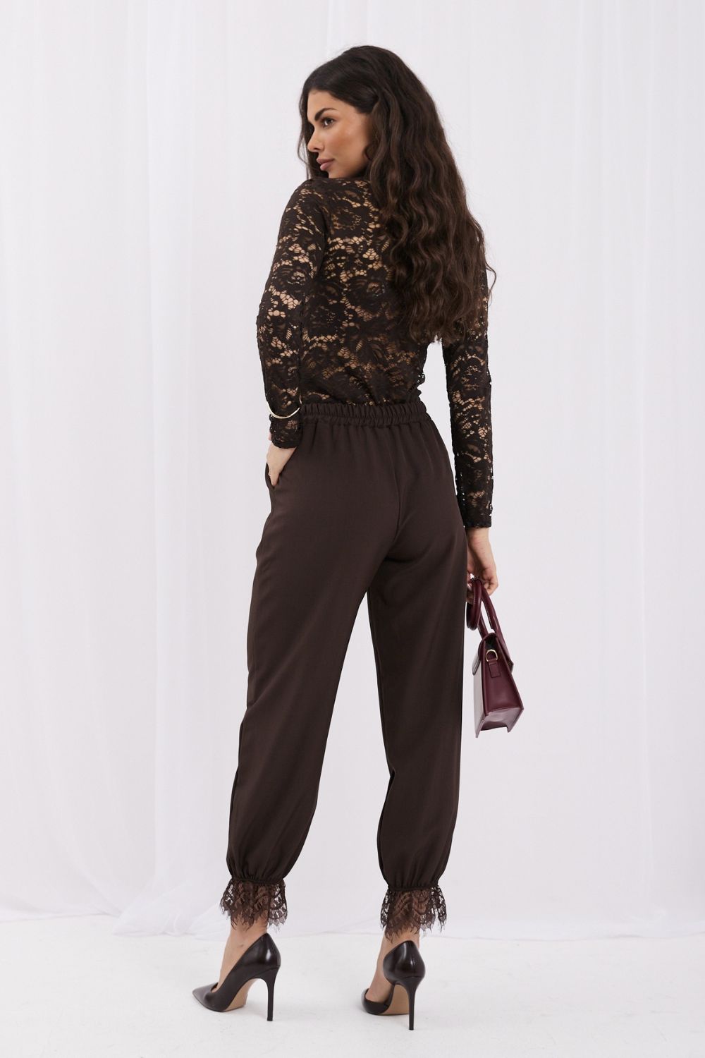Brown high-waisted lace trousers