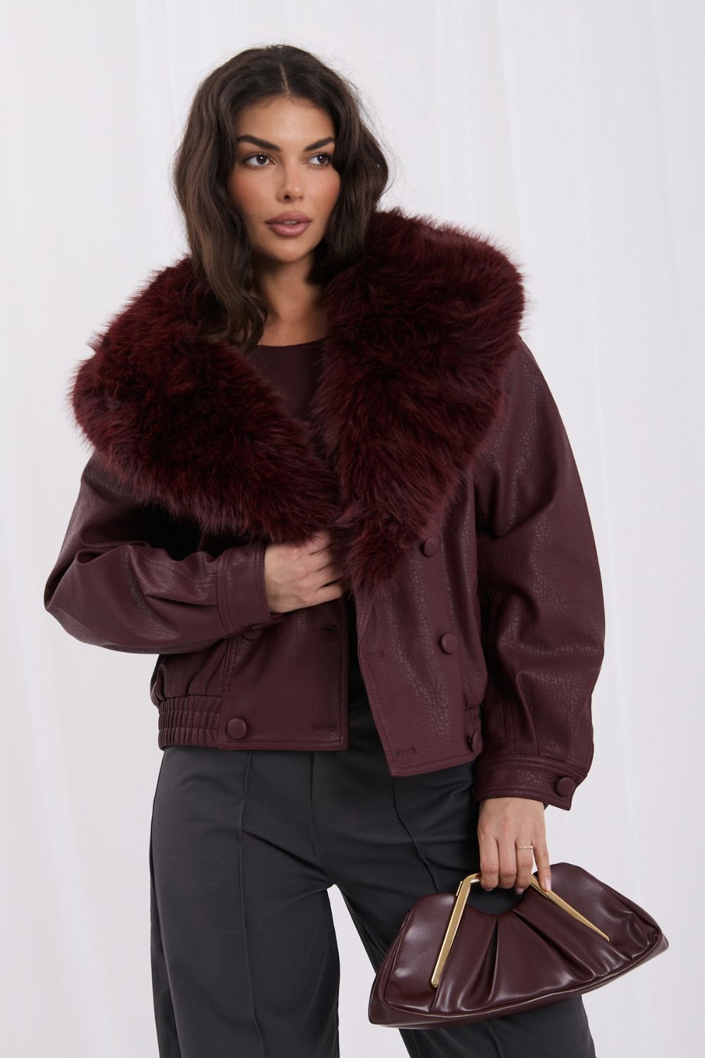 Red faux leather coat