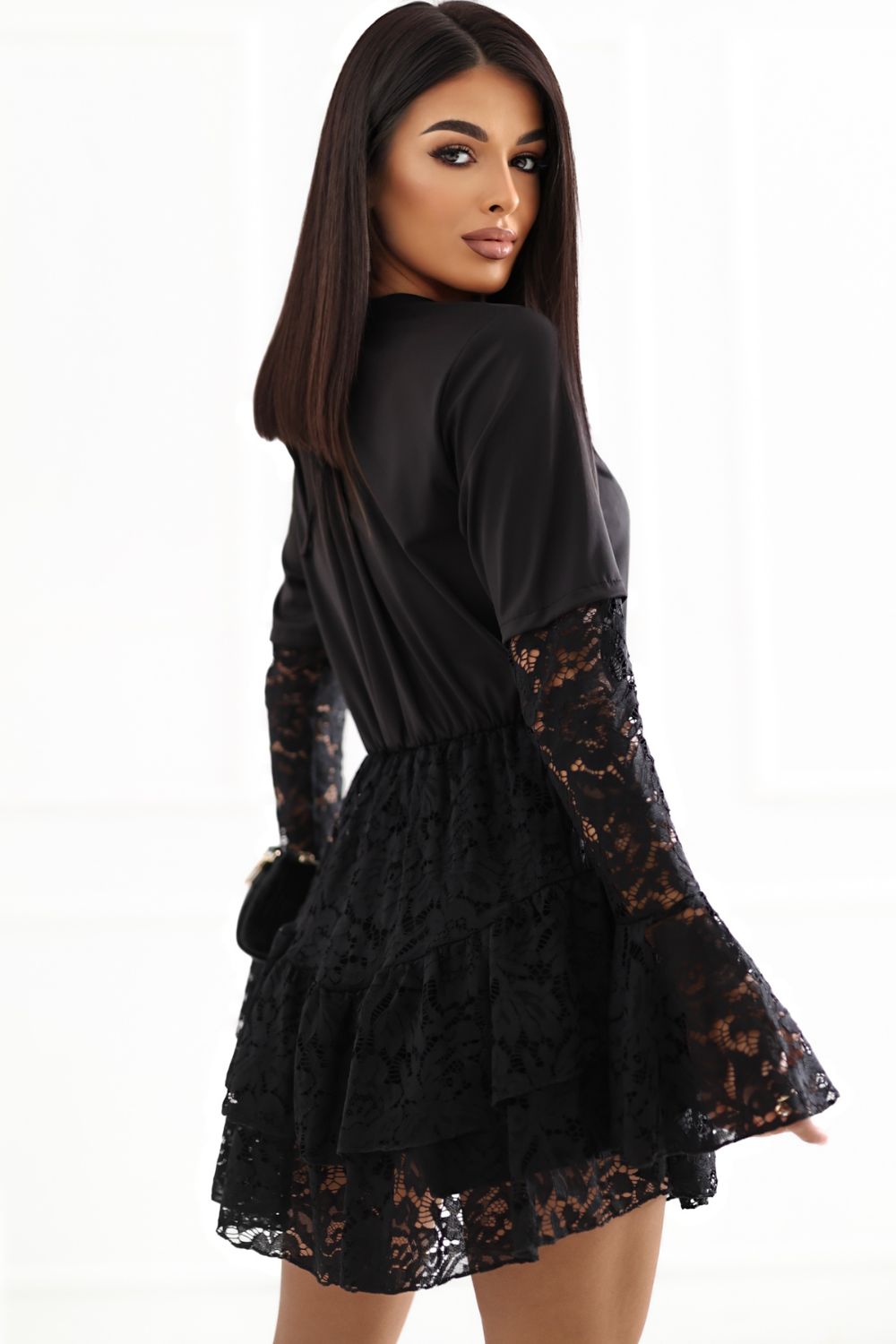 Black flared long-sleeve lace playsuit