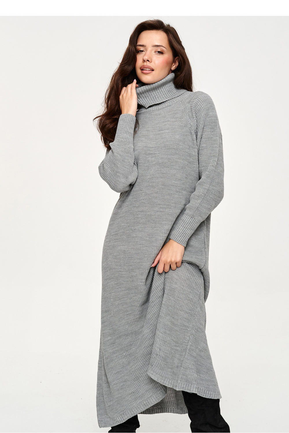 Grey oversized belted knit dress