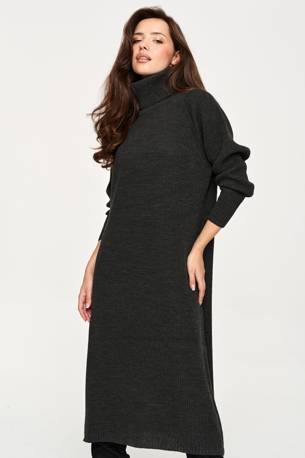 Grey oversized belted knit dress