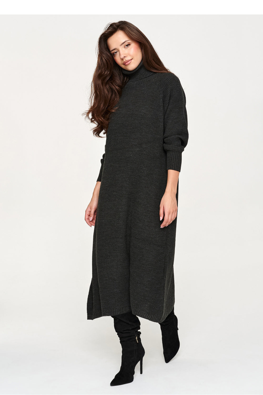 Grey oversized belted knit dress
