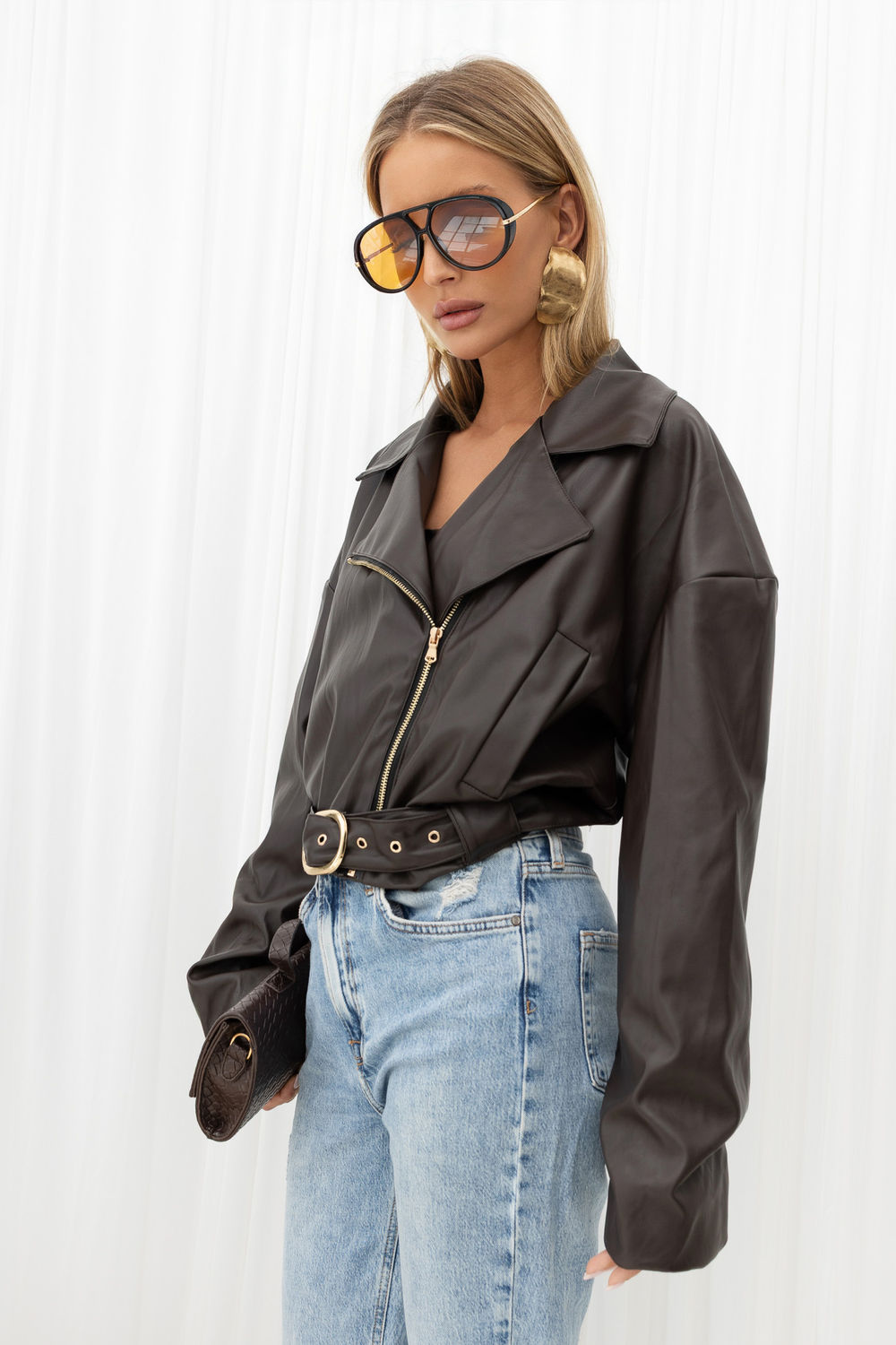 Belted leather coat