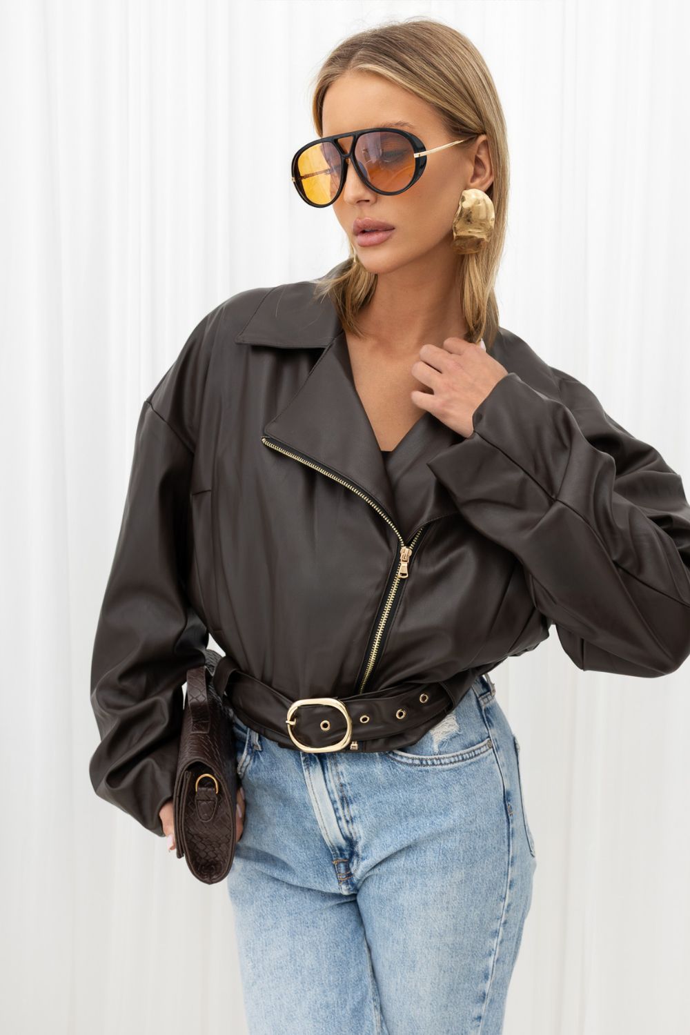 Belted leather coat