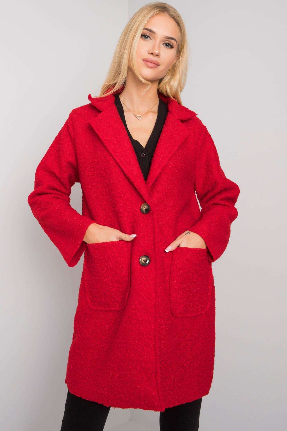Red bouclé coat