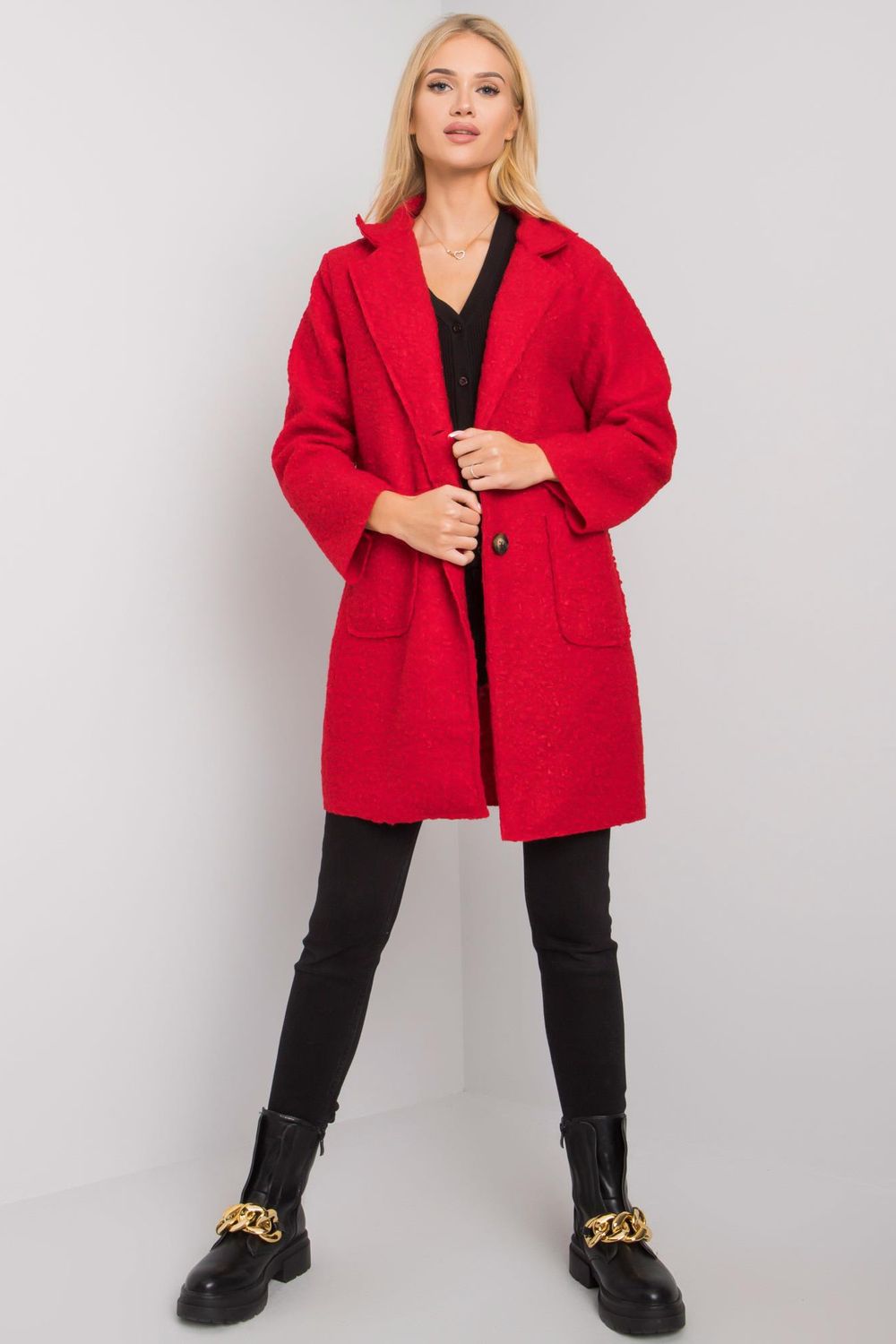 Red bouclé coat